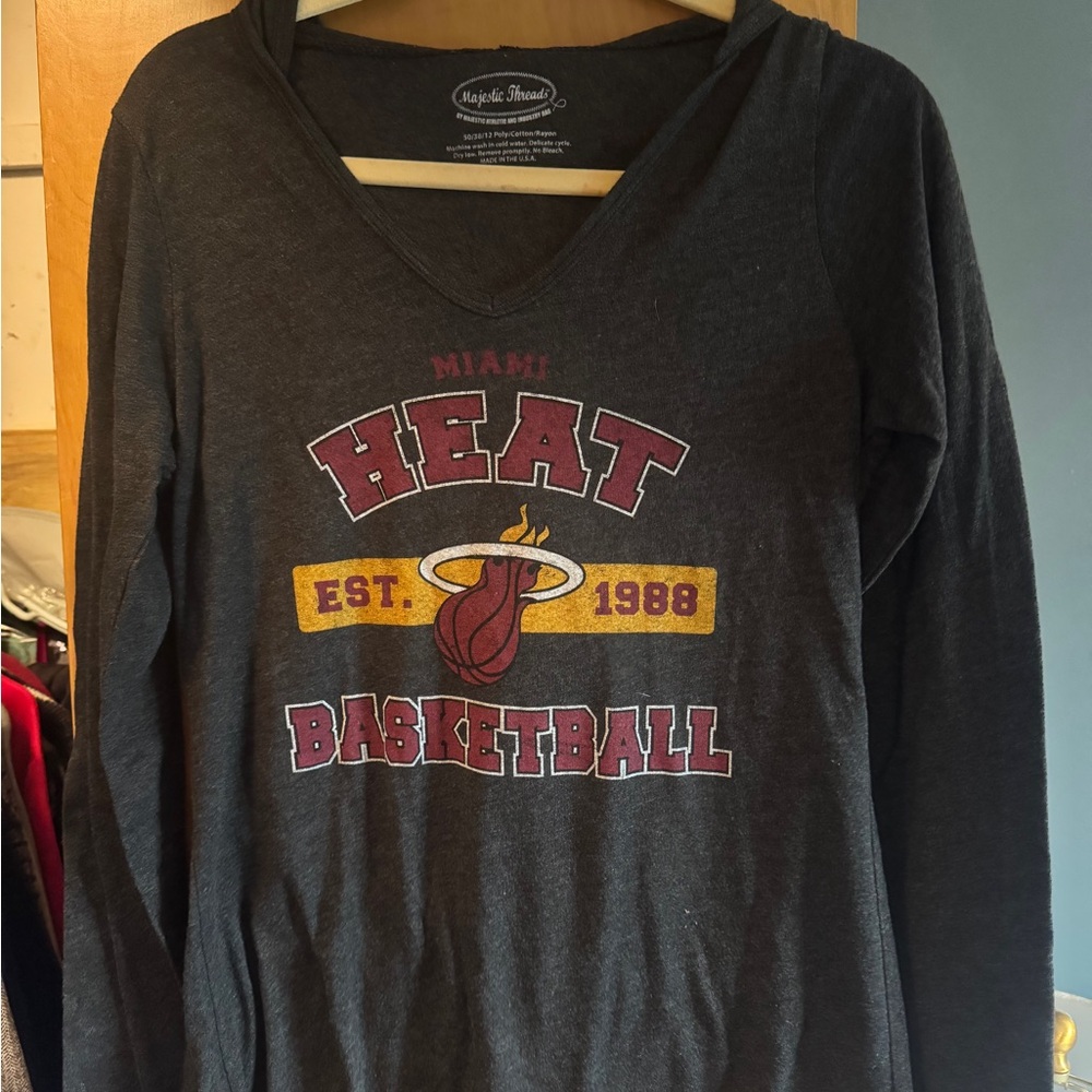 Miami Heat Long Sleeve Hooded Tee - Dark Gray with Red & Gold Logo NWOT